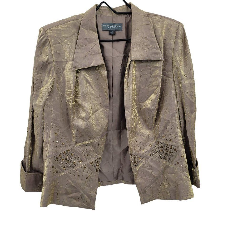 Vintage 80's Formal Blazer 12 Gold Iridescent Metallic Crinkle‎ Beaded Open
